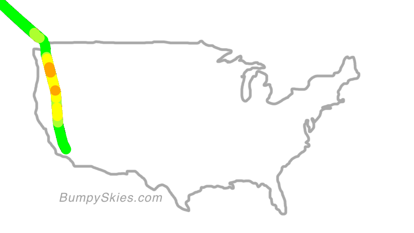 Map of continental US with illustrated flight path and turbulence forecast (described in text below)