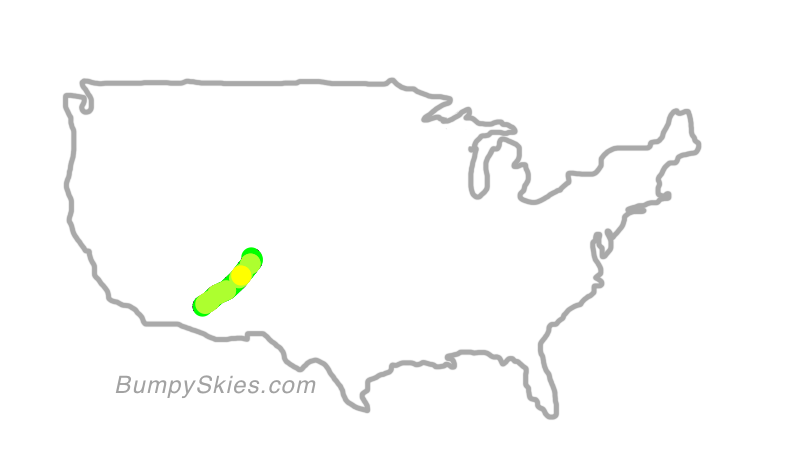 Map of continental US with illustrated flight path and turbulence forecast (described in text below)