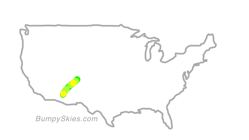 Map of continental US with illustrated flight path and turbulence forecast (described in text below)