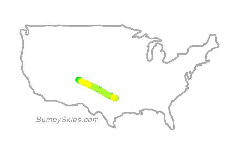 Map of continental US with illustrated flight path and turbulence forecast (described in text below)