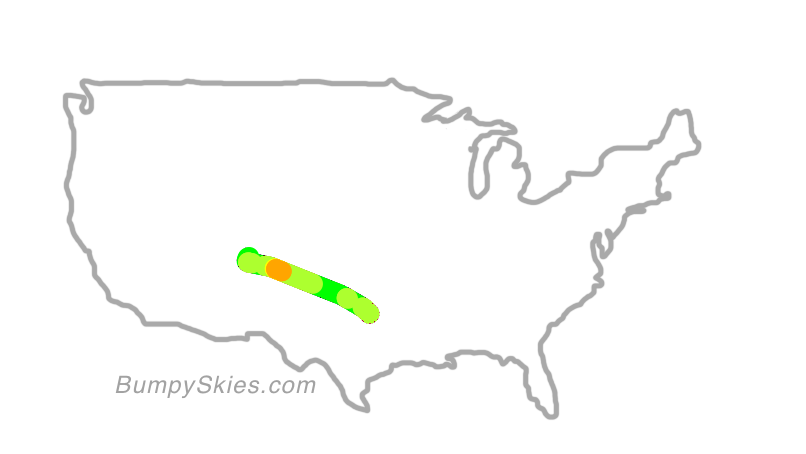 Map of continental US with illustrated flight path and turbulence forecast (described in text below)