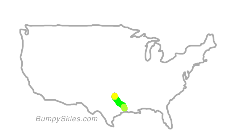 Map of continental US with illustrated flight path and turbulence forecast (described in text below)