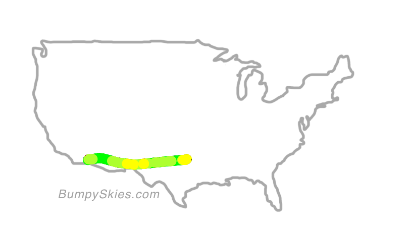 Map of continental US with illustrated flight path and turbulence forecast (described in text below)