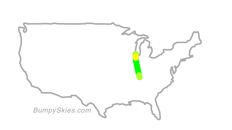 Map of continental US with illustrated flight path and turbulence forecast (described in text below)