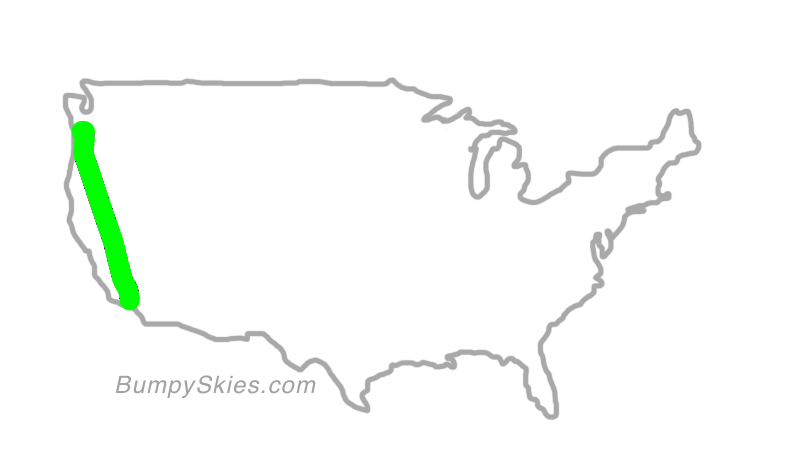 Map of continental US with illustrated flight path and turbulence forecast (described in text below)