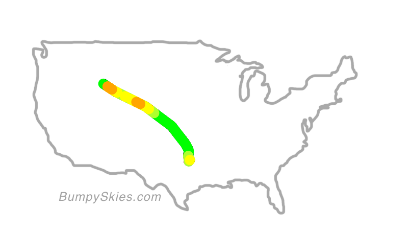 Map of continental US with illustrated flight path and turbulence forecast (described in text below)
