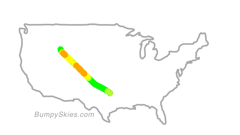 Map of continental US with illustrated flight path and turbulence forecast (described in text below)