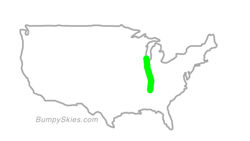 Map of continental US with illustrated flight path and turbulence forecast (described in text below)