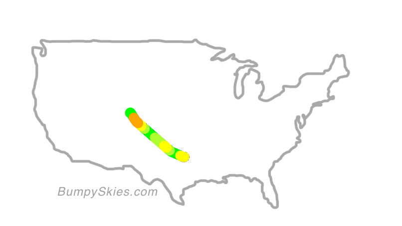 Map of continental US with illustrated flight path and turbulence forecast (described in text below)