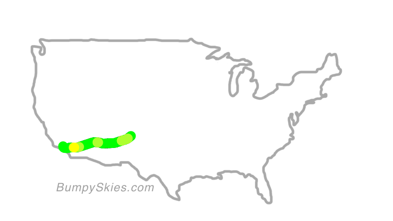Map of continental US with illustrated flight path and turbulence forecast (described in text below)