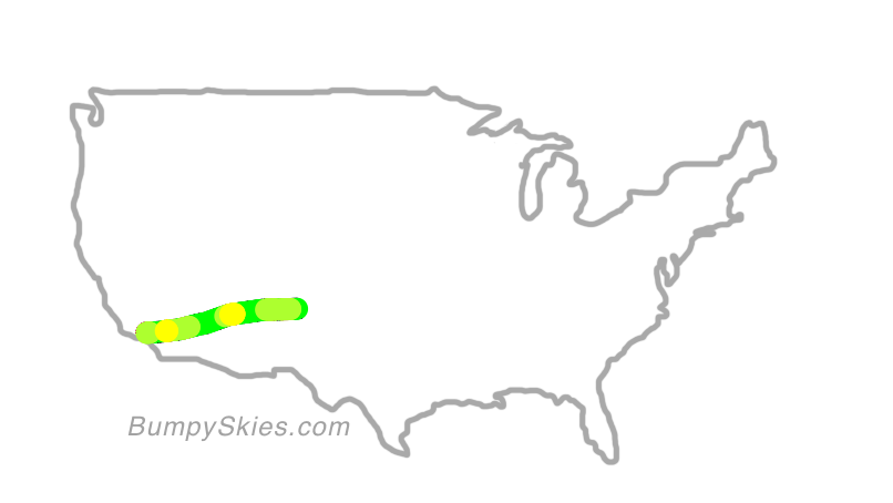 Map of continental US with illustrated flight path and turbulence forecast (described in text below)