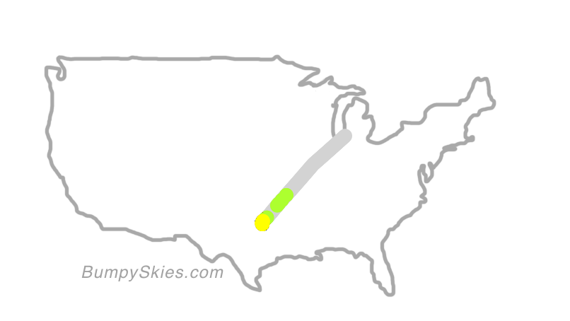Map of continental US with illustrated flight path and turbulence forecast (described in text below)
