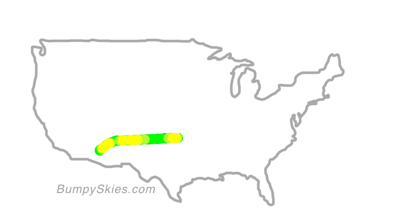 Map of continental US with illustrated flight path and turbulence forecast (described in text below)