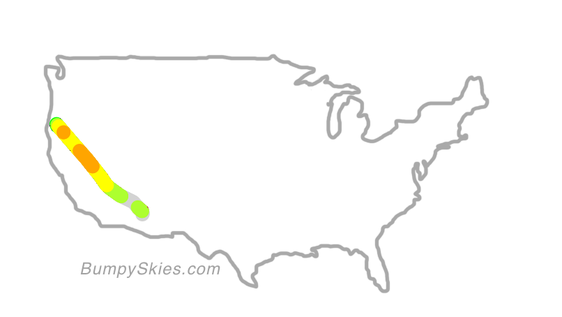 Map of continental US with illustrated flight path and turbulence forecast (described in text below)