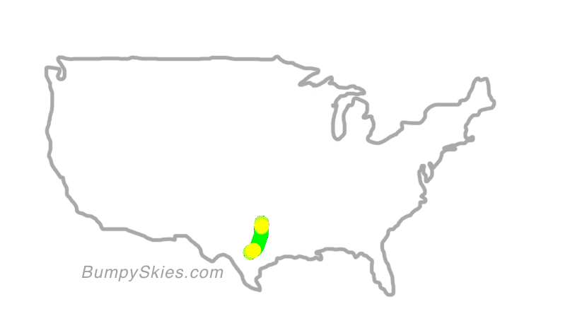 Map of continental US with illustrated flight path and turbulence forecast (described in text below)