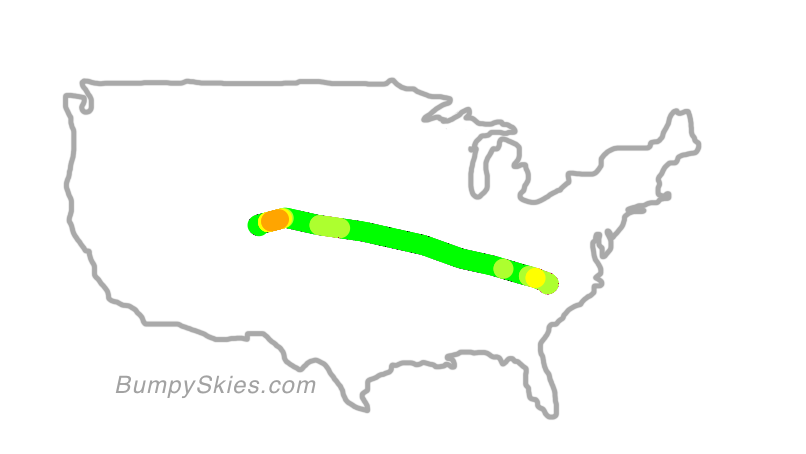 Map of continental US with illustrated flight path and turbulence forecast (described in text below)