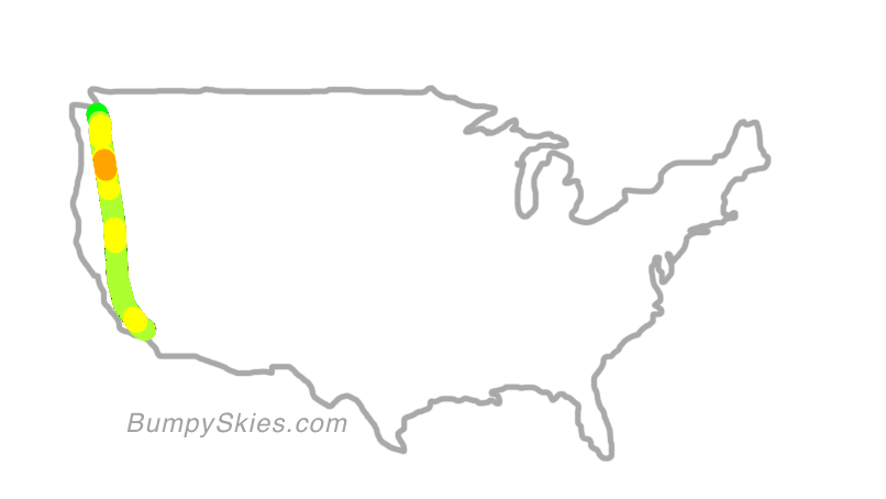 Map of continental US with illustrated flight path and turbulence forecast (described in text below)