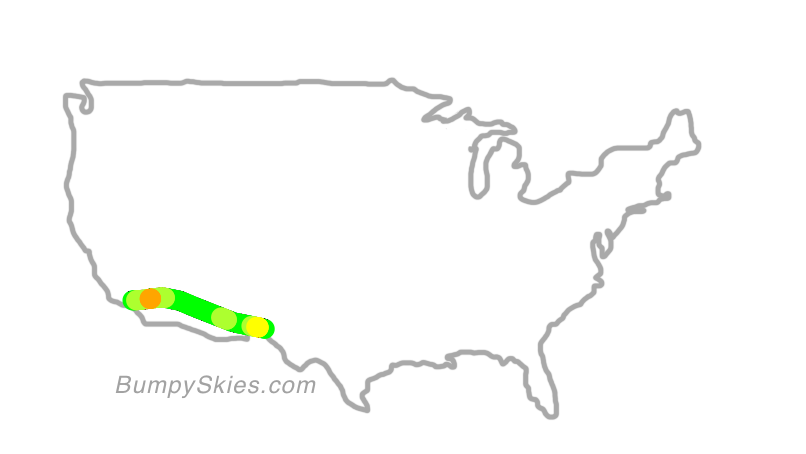 Map of continental US with illustrated flight path and turbulence forecast (described in text below)