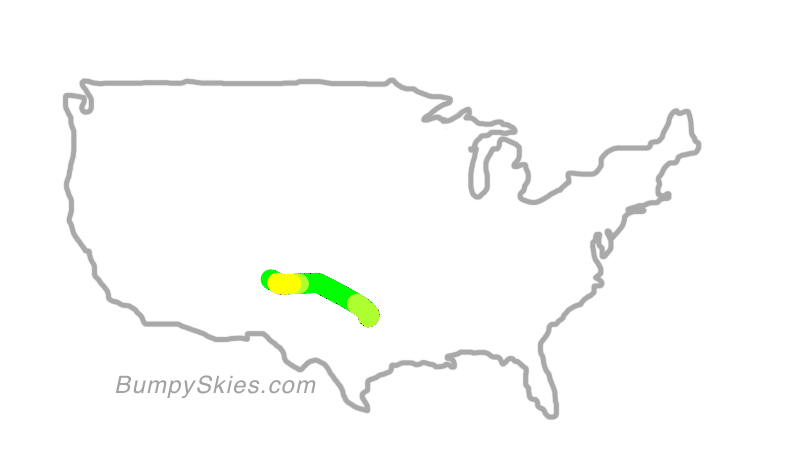 Map of continental US with illustrated flight path and turbulence forecast (described in text below)