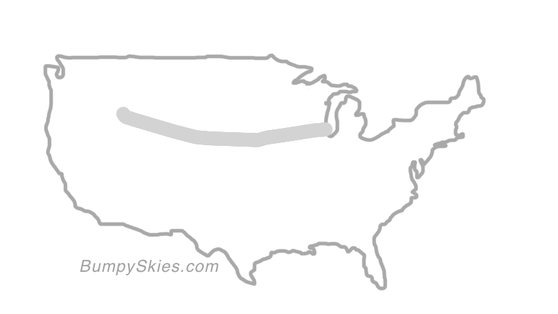 Map of continental US with illustrated flight path and turbulence forecast (described in text below)