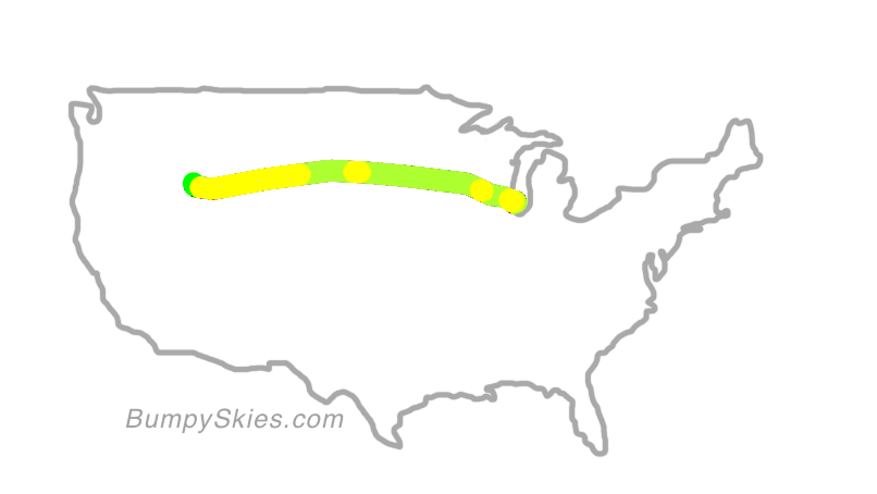 Map of continental US with illustrated flight path and turbulence forecast (described in text below)