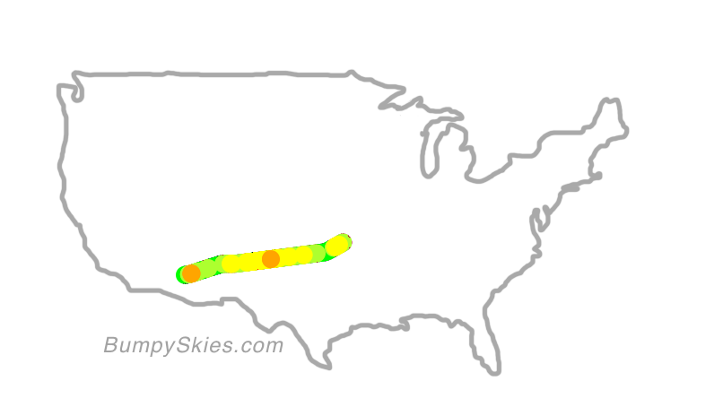 Map of continental US with illustrated flight path and turbulence forecast (described in text below)
