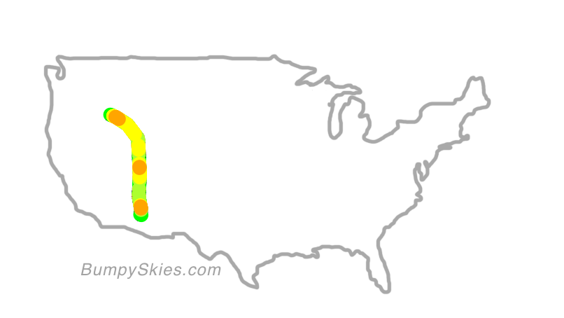 Map of continental US with illustrated flight path and turbulence forecast (described in text below)