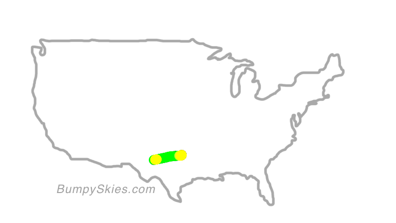 Map of continental US with illustrated flight path and turbulence forecast (described in text below)