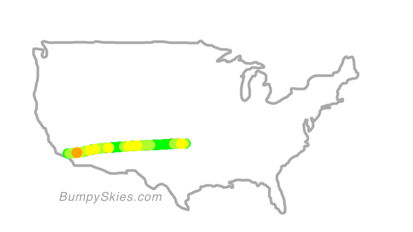 Map of continental US with illustrated flight path and turbulence forecast (described in text below)