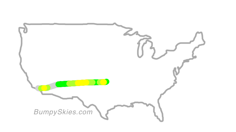Map of continental US with illustrated flight path and turbulence forecast (described in text below)
