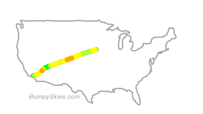 Map of continental US with illustrated flight path and turbulence forecast (described in text below)