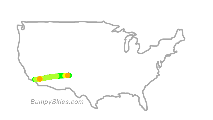 Map of continental US with illustrated flight path and turbulence forecast (described in text below)