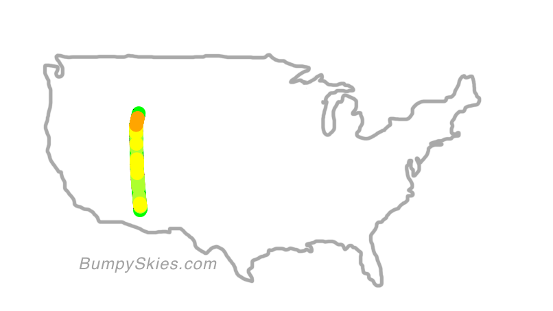Map of continental US with illustrated flight path and turbulence forecast (described in text below)