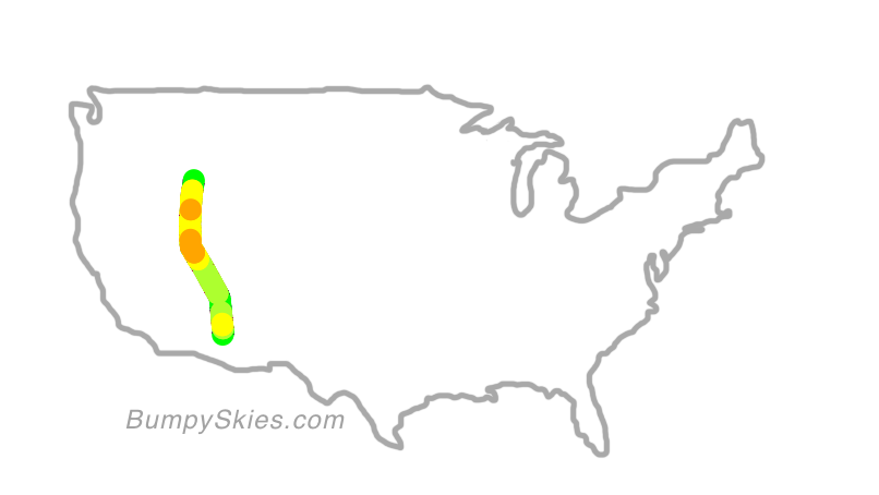 Map of continental US with illustrated flight path and turbulence forecast (described in text below)