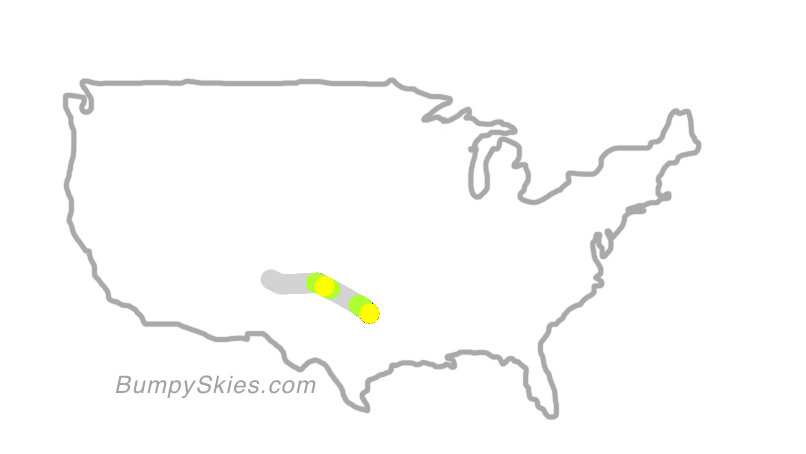 Map of continental US with illustrated flight path and turbulence forecast (described in text below)