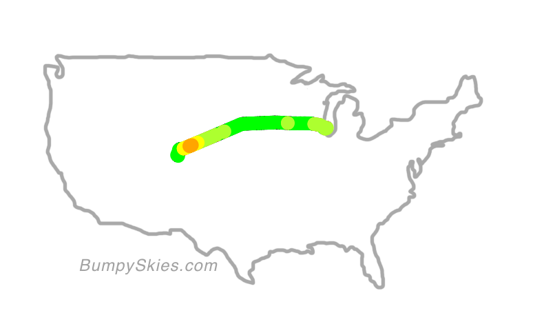 Map of continental US with illustrated flight path and turbulence forecast (described in text below)