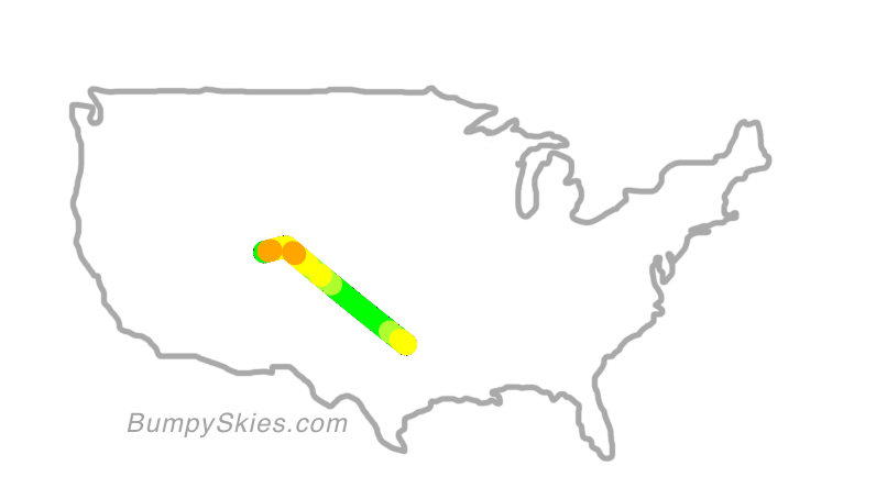 Map of continental US with illustrated flight path and turbulence forecast (described in text below)