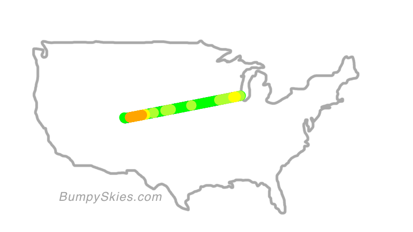 Map of continental US with illustrated flight path and turbulence forecast (described in text below)