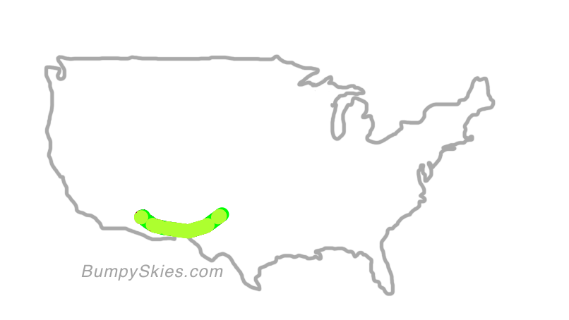 Map of continental US with illustrated flight path and turbulence forecast (described in text below)