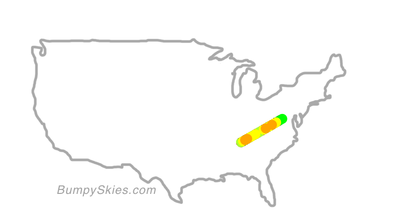 Map of continental US with illustrated flight path and turbulence forecast (described in text below)
