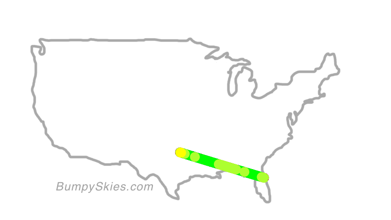 Map of continental US with illustrated flight path and turbulence forecast (described in text below)