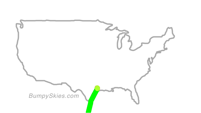 Map of continental US with illustrated flight path and turbulence forecast (described in text below)