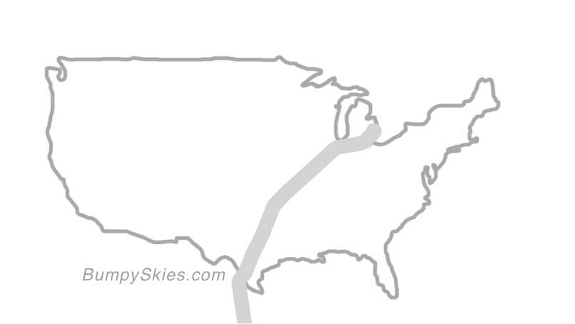 Map of continental US with illustrated flight path and turbulence forecast (described in text below)