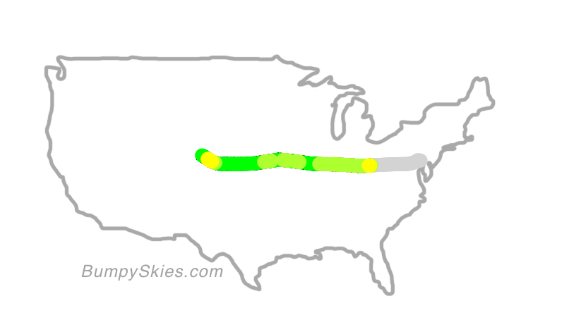 Map of continental US with illustrated flight path and turbulence forecast (described in text below)