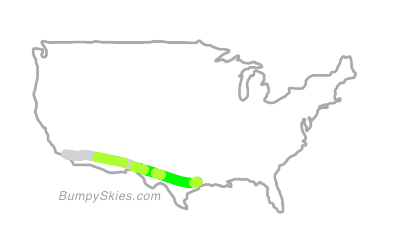 Map of continental US with illustrated flight path and turbulence forecast (described in text below)