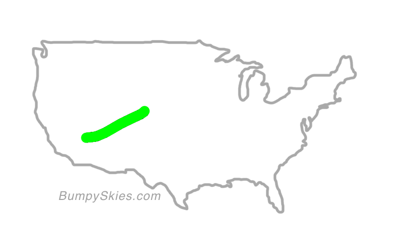 Map of continental US with illustrated flight path and turbulence forecast (described in text below)