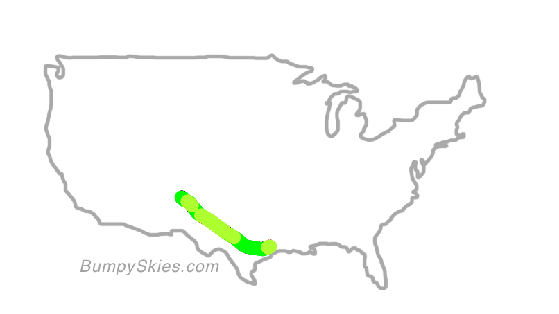 Map of continental US with illustrated flight path and turbulence forecast (described in text below)