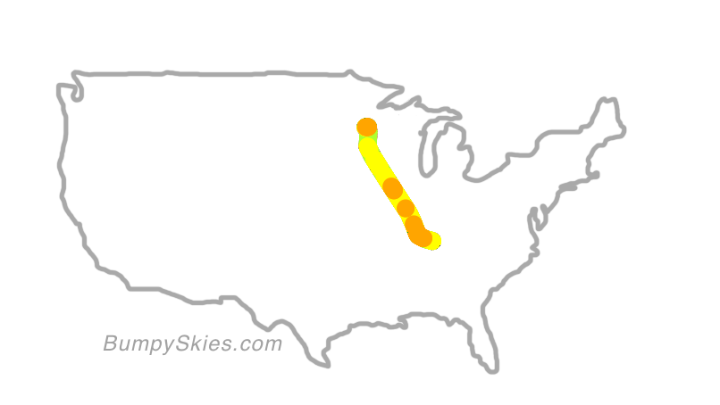 Map of continental US with illustrated flight path and turbulence forecast (described in text below)