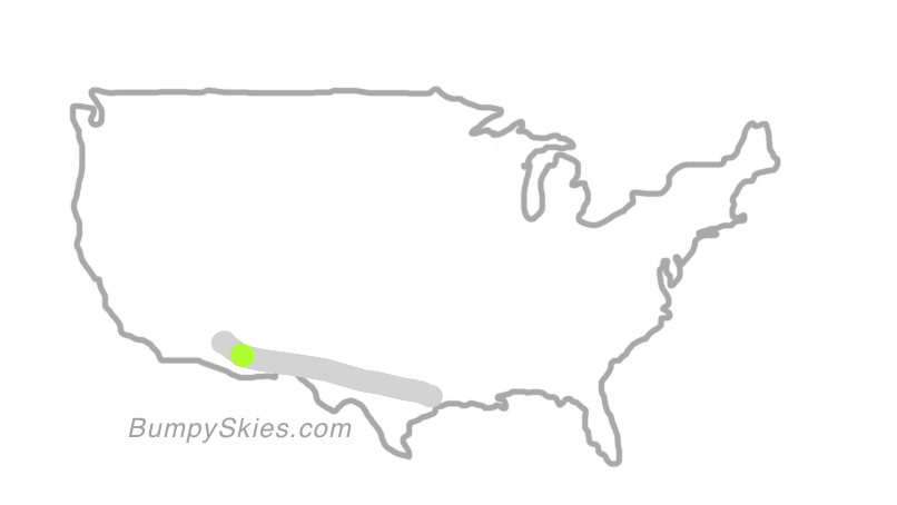Map of continental US with illustrated flight path and turbulence forecast (described in text below)