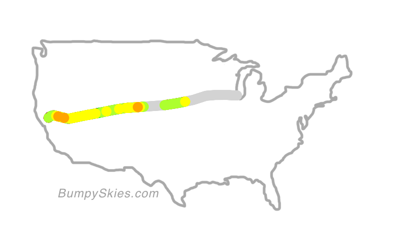Map of continental US with illustrated flight path and turbulence forecast (described in text below)
